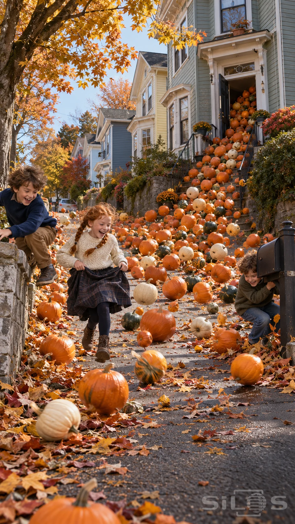 Orange white and green pumpkins bounce down a steep street while three children move beside a wall and mailbox