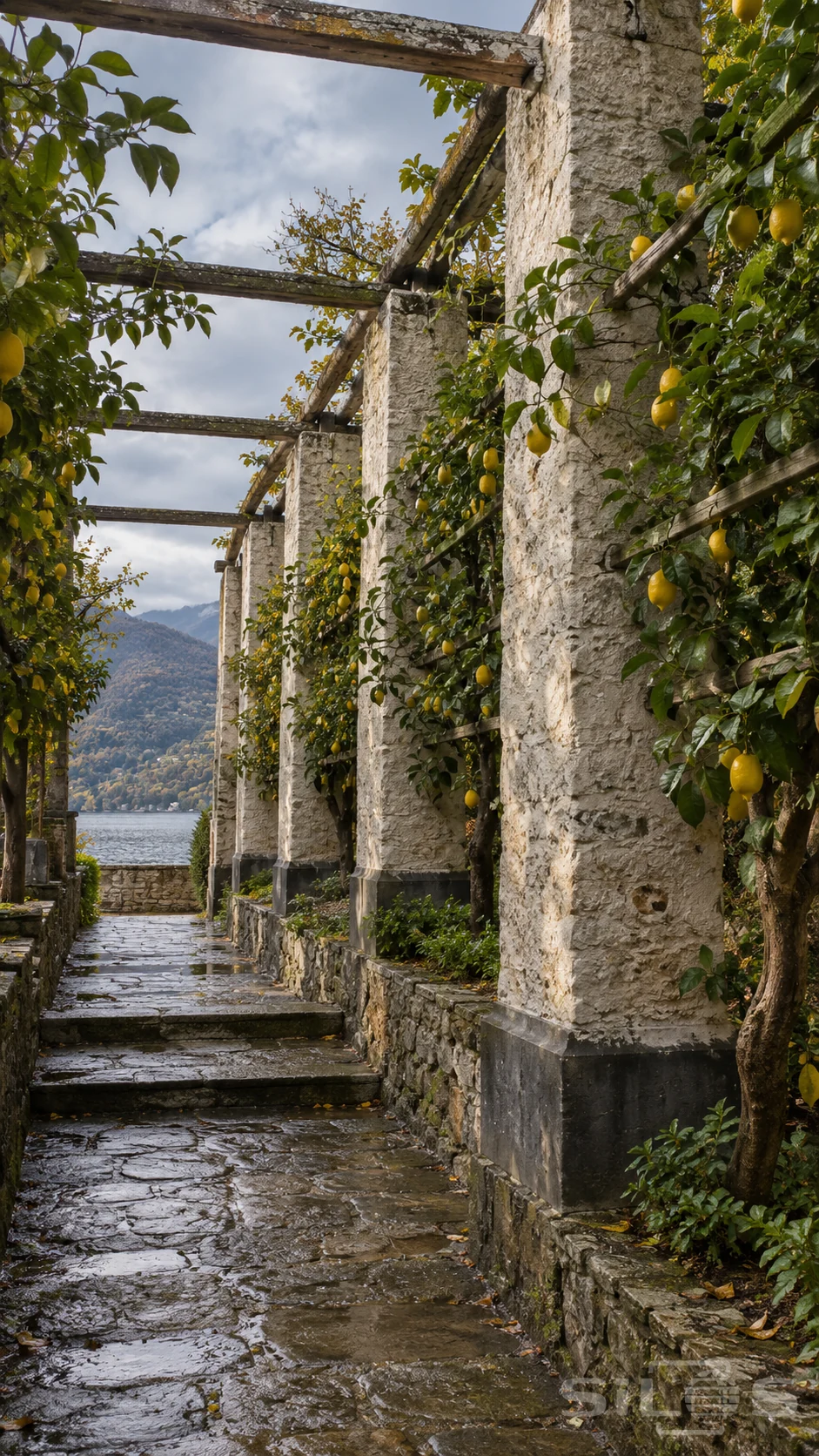 Tall weathered stone pillars and open timber beams line a wet lemon-tree aisle ending at a lake beneath autumn hills.