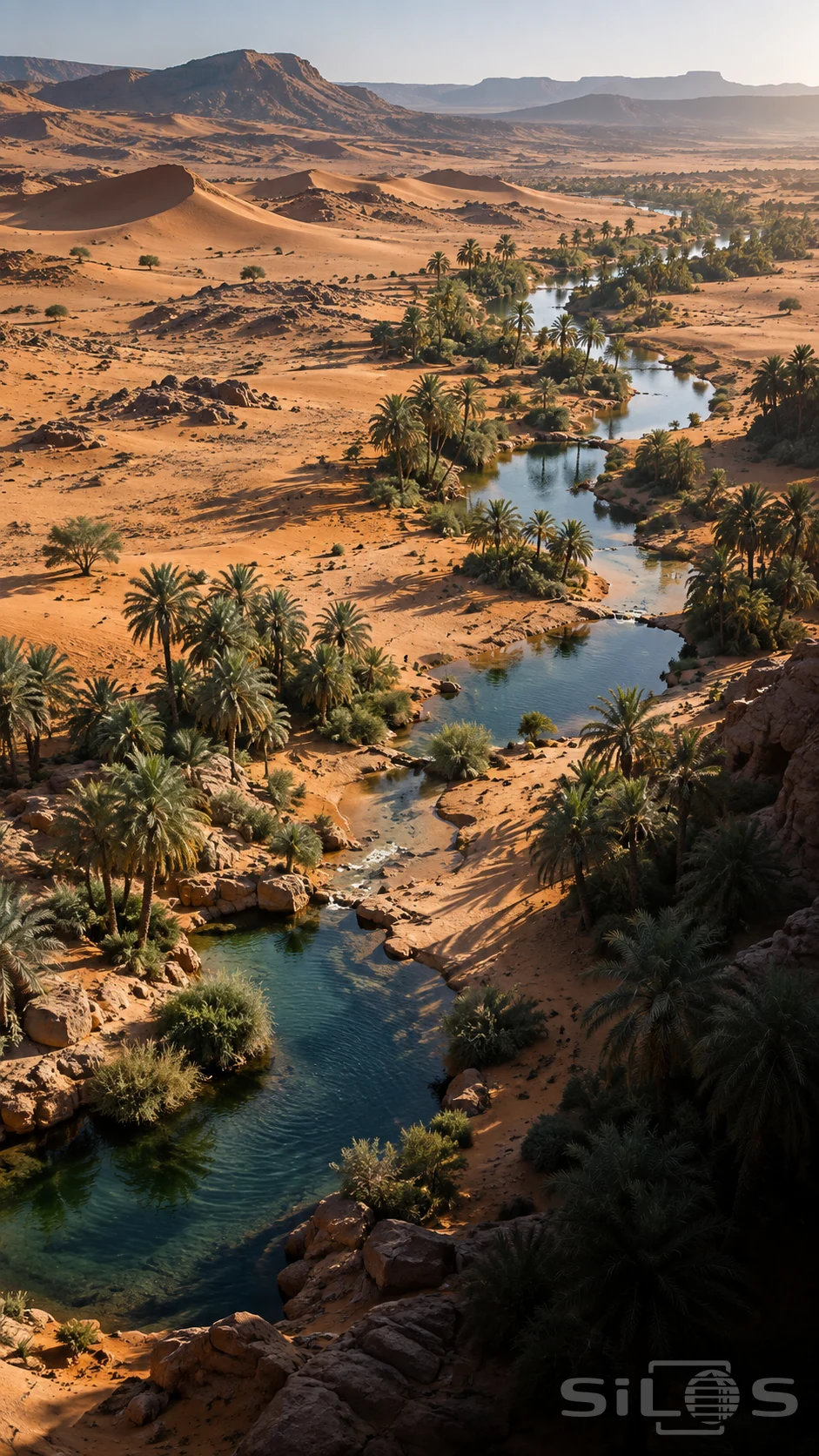 A desert oasis forms connected blue-green pools between date palm clusters, orange sand, rocky banks and distant dry plateaus.