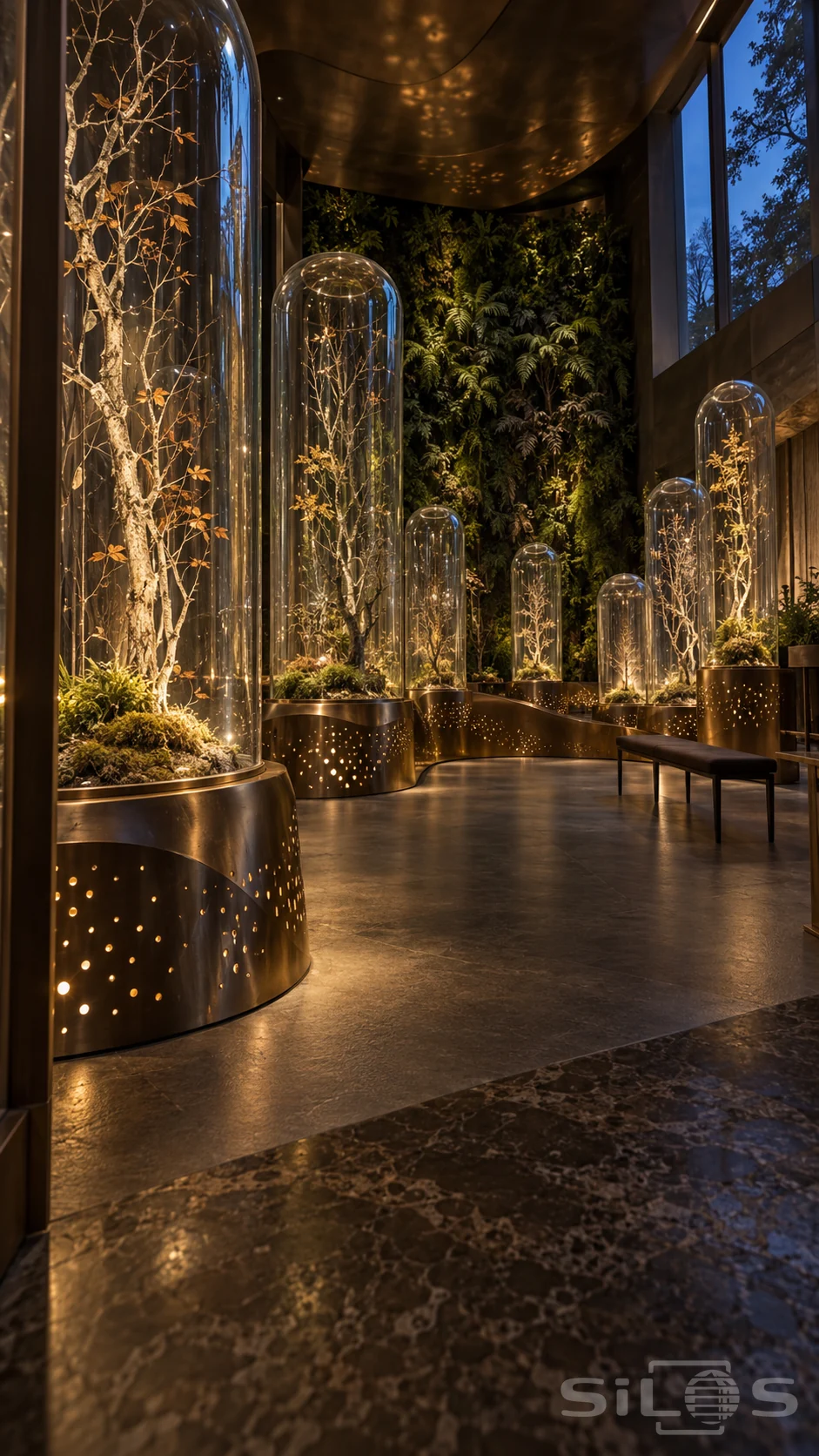Tree branches and moss fill tall glass bell jars on glowing perforated brass bases in a room with a fern wall and dark bench.