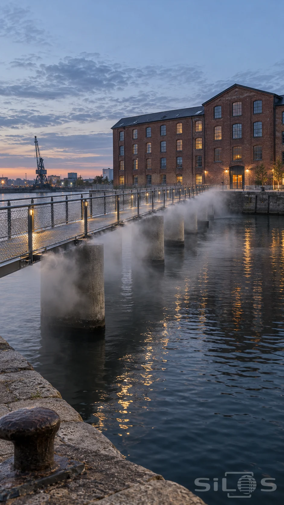 An empty fog footbridge crosses harbor water on concrete piers beside a brick warehouse at blue hour.