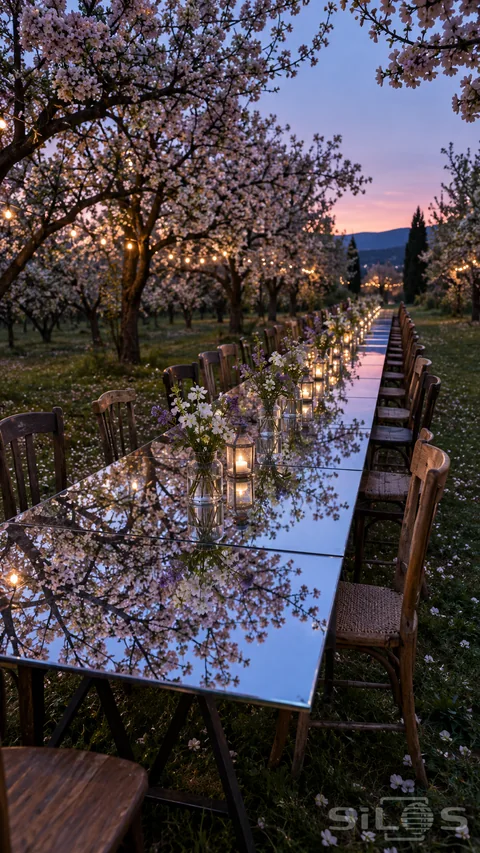 A long mirror table reflects blossom branches and a pink twilight sky between wooden chairs in an illuminated orchard.