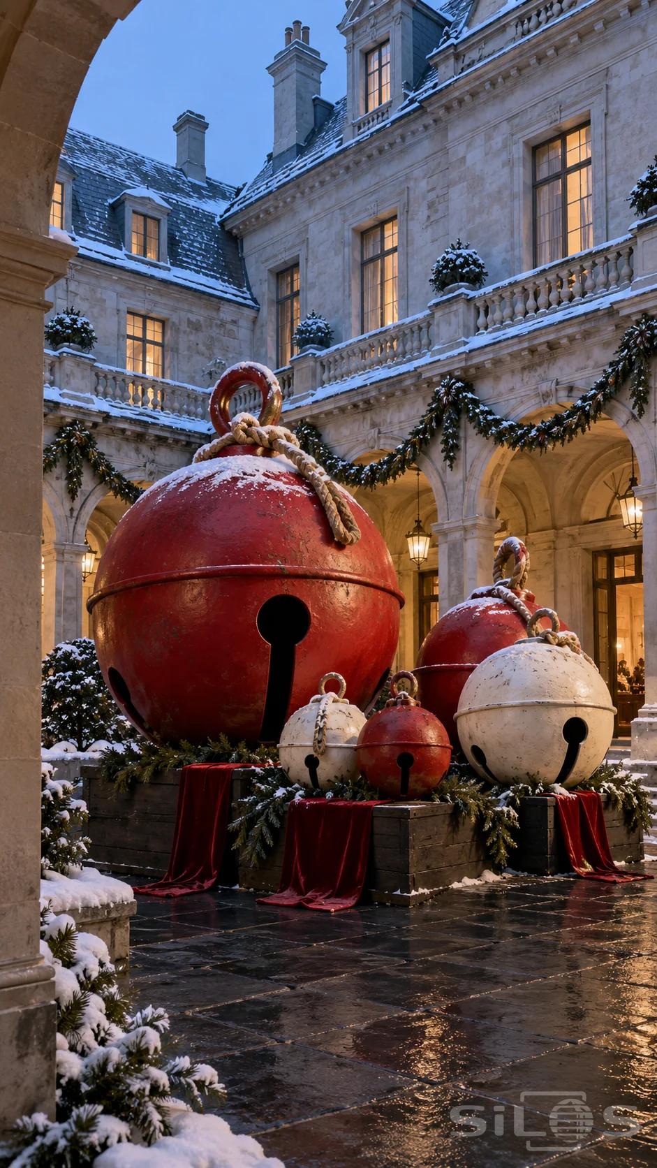 Huge weathered red and ivory jingle bells with rope loops stand among evergreen branches and red velvet in a snowy stone courtyard at dusk.