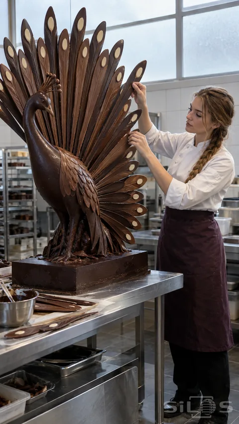 Pastry chef in an ivory jacket adds a sculpted feather to a large chocolate peacock with a broad upright fan.