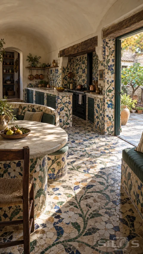 Blue; green and cream pottery flowers cover a kitchen floor; curved breakfast bench and stove surround beside an open courtyard door.