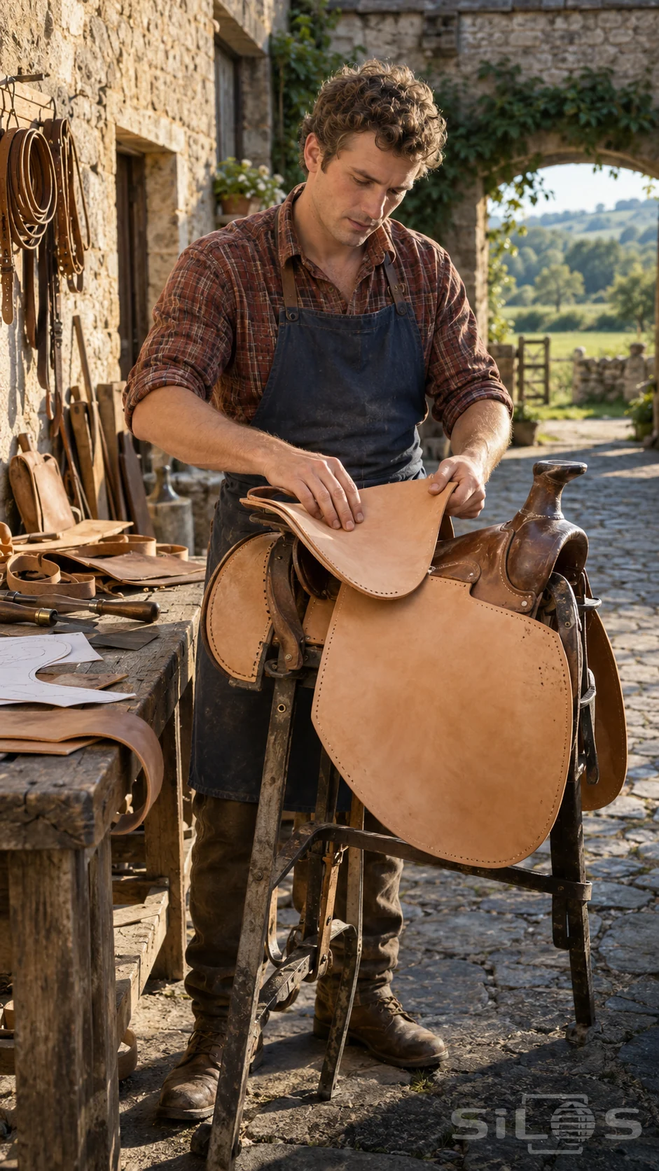 A craftsman fits tan leather over an unfinished leather saddle in a sunlit stone courtyard.