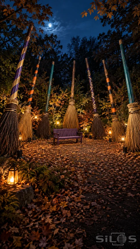 A broom garden has seven giant striped brooms surrounding a purple bench; with straw heads and warm lanterns under moonlit trees.