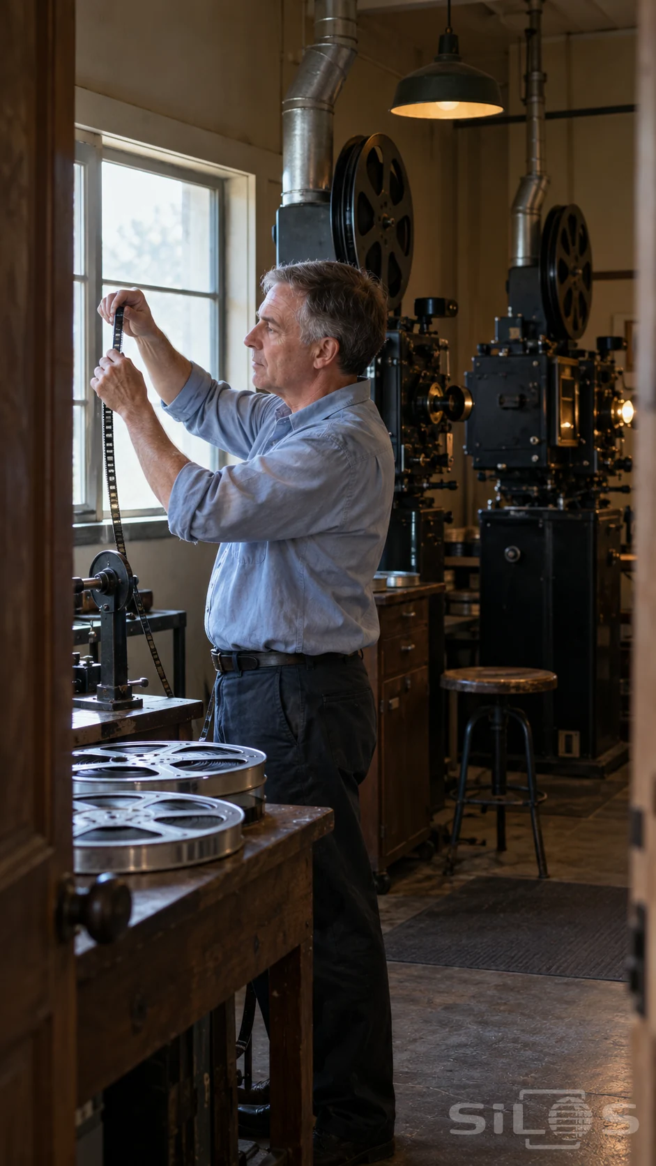A projectionist checks a film strip against window light in a booth with black projectors, metal reels and overhead ventilation pipes.