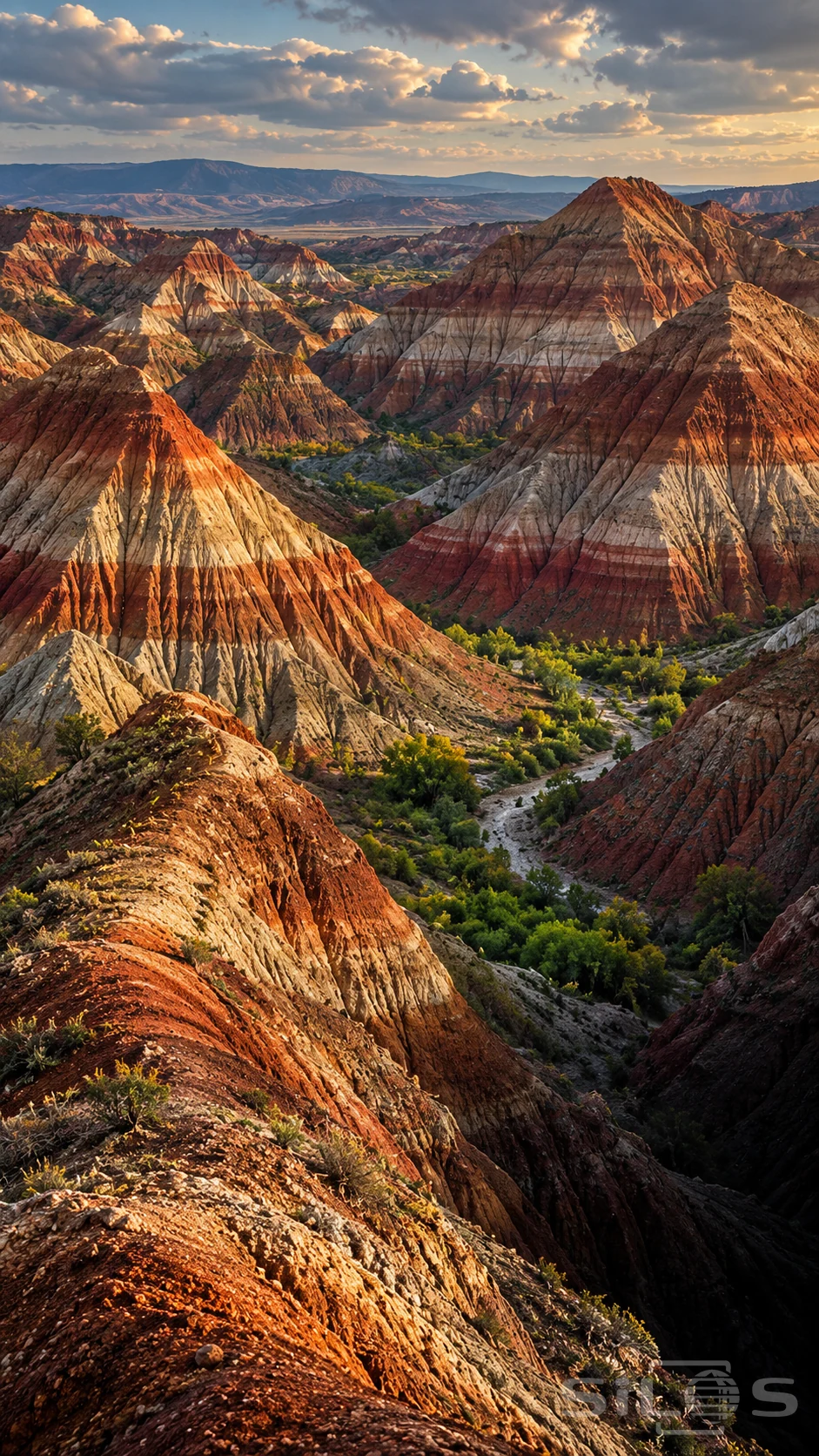 Striped badlands with red, orange and cream layers rise above narrow green gullies and a pale gravel wash.