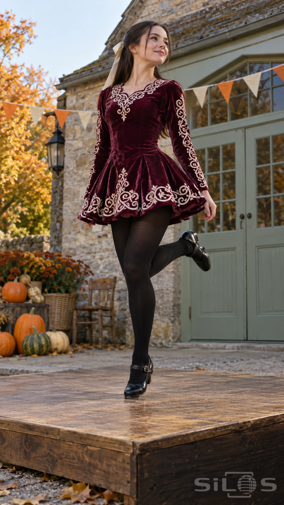 Velvet step dance costume in plum and ivory, worn by a dancer lifting one foot on a wooden stage outside a village hall.