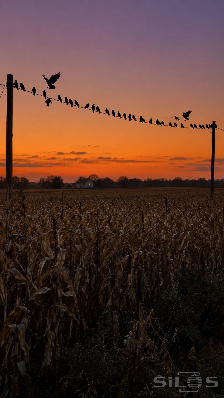 Dozens of crows perch on a sagging wire above a dry cornfield beneath an orange and violet dusk sky.
