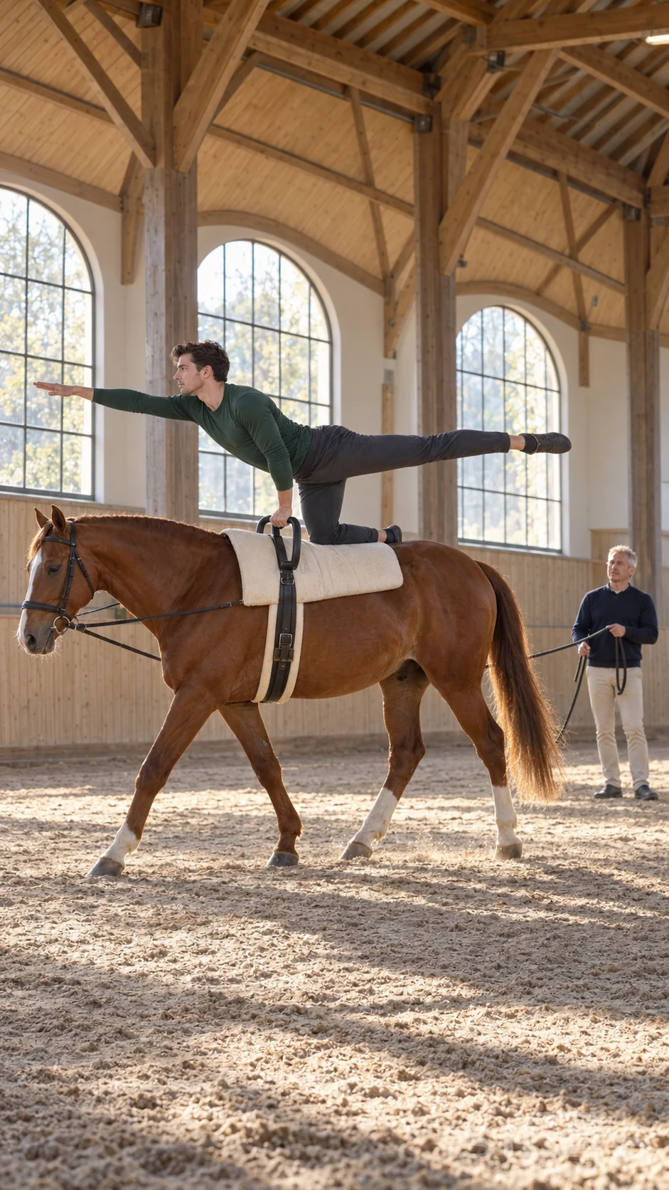 Horse vaulting in a timber riding hall with a man extending one arm and leg from a supported kneeling position on a chestnut horse.