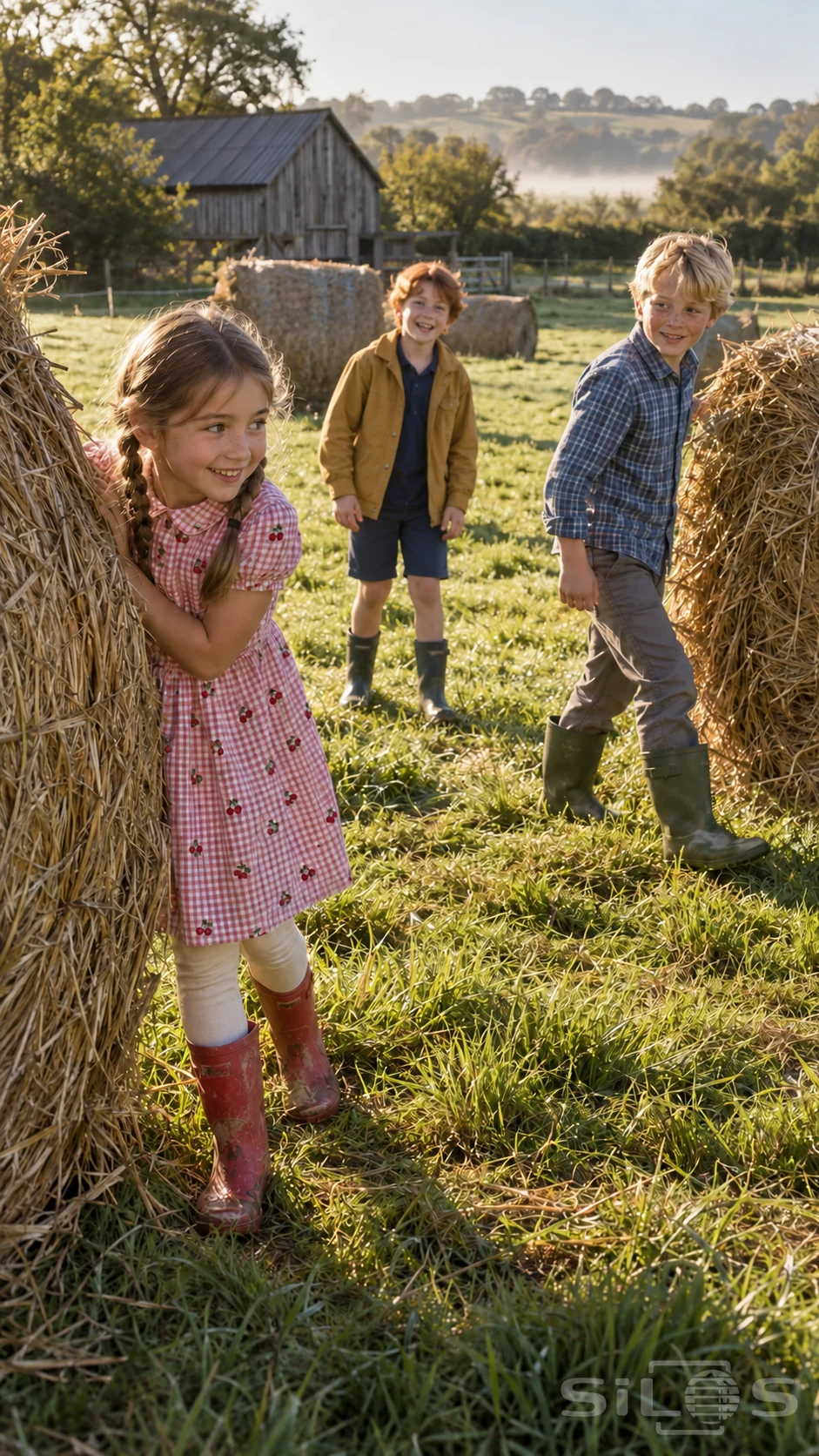 Haystack hide and seek with three smiling children in patterned clothes and muddy boots beside golden bales and a timber barn.