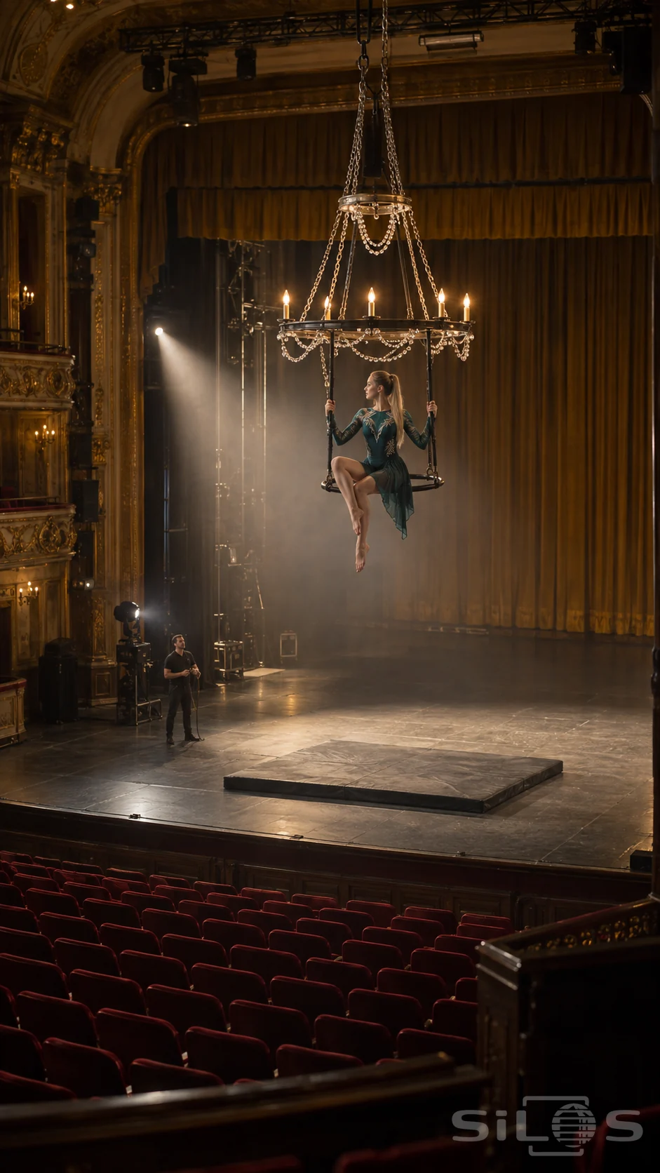 An aerial chandelier supports a seated performer above a rehearsal stage, with red seats and tall golden theatre curtains.