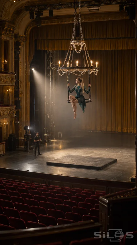An aerial chandelier supports a seated performer above a rehearsal stage; with red seats and tall golden theatre curtains.