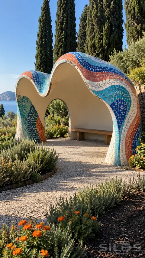 Mosaic waves form a curved shelter over an empty wooden bench; with blue; coral and ivory tiles beside orange flowers and cypress trees.