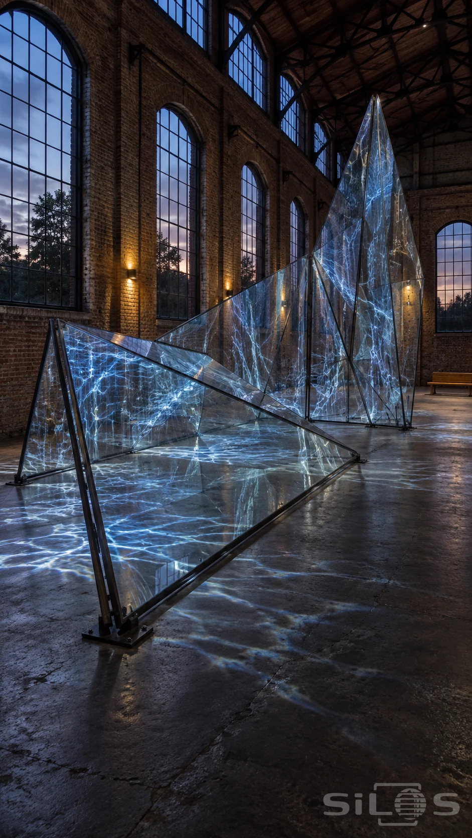 Angular glass planes in dark steel frames carry blue ripple patterns through a tall brick hall and onto its concrete floor.