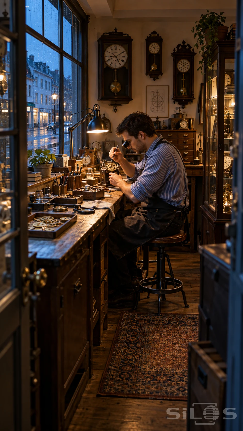 A clockmaker workshop with a man adjusting a brass clock movement under a workbench lamp beside a rainy street window.