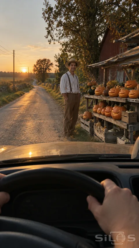A straw-hatted man waits beside shelves of smiling carved pumpkins seen through a car windscreen on a sunset farm lane.