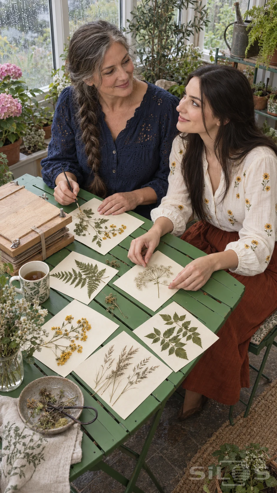 A mother and adult daughter arrange leaves and dried flowers on herbarium pages beside a wooden flower press.
