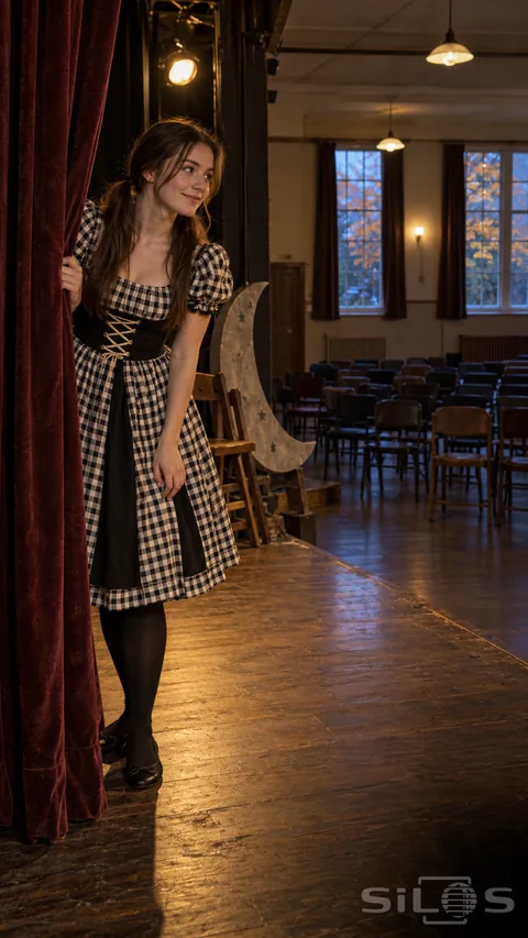 A woman in a black-and-ivory harlequin dress peeks around a burgundy curtain beside a wooden stage and rows of empty chairs.