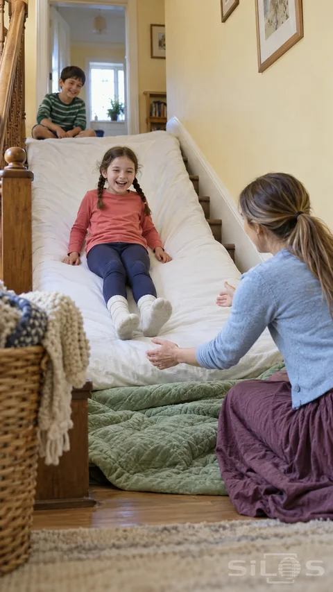 A girl rides a mattress stair slide toward her kneeling mother while a boy waits on the landing above the padded slope.