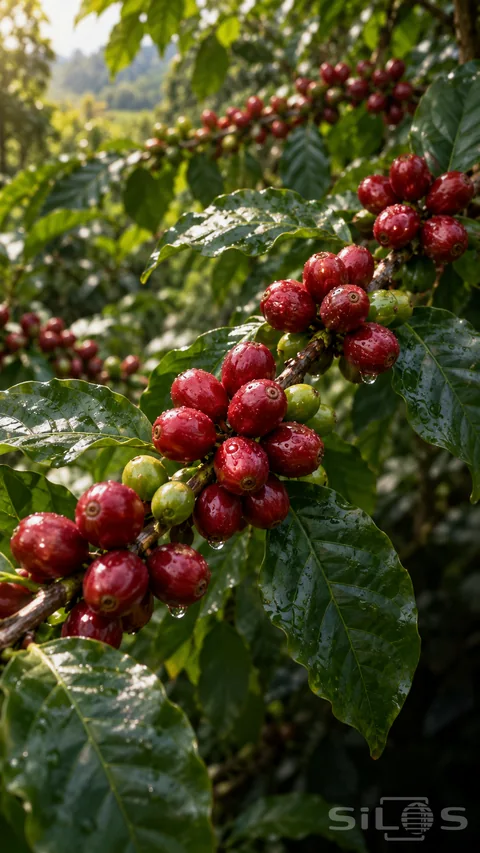 Red and green coffee cherries cluster along a diagonal branch among glossy leaves covered in rain droplets.