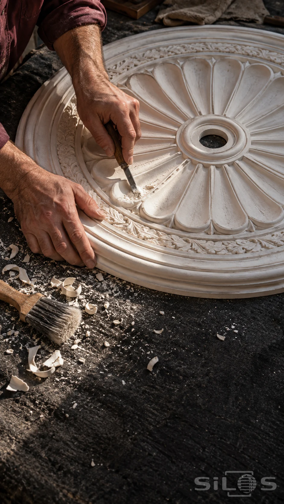 Two adult hands finish a petal on a white plaster ceiling rosette with a small chisel above a dark workbench scattered with shavings.