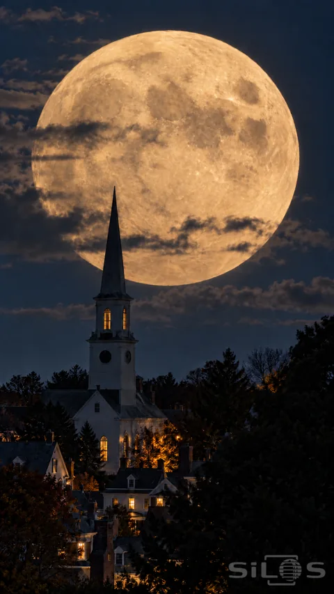 A huge golden full moon and thin clouds rise behind a slender town spire; roofs and warmly lit windows.