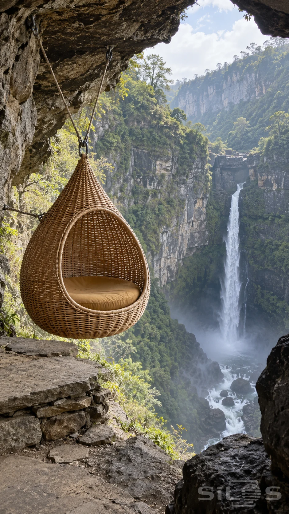 An empty wicker basket seat suspended from rock anchors beside a cliff landing faces a distant waterfall.