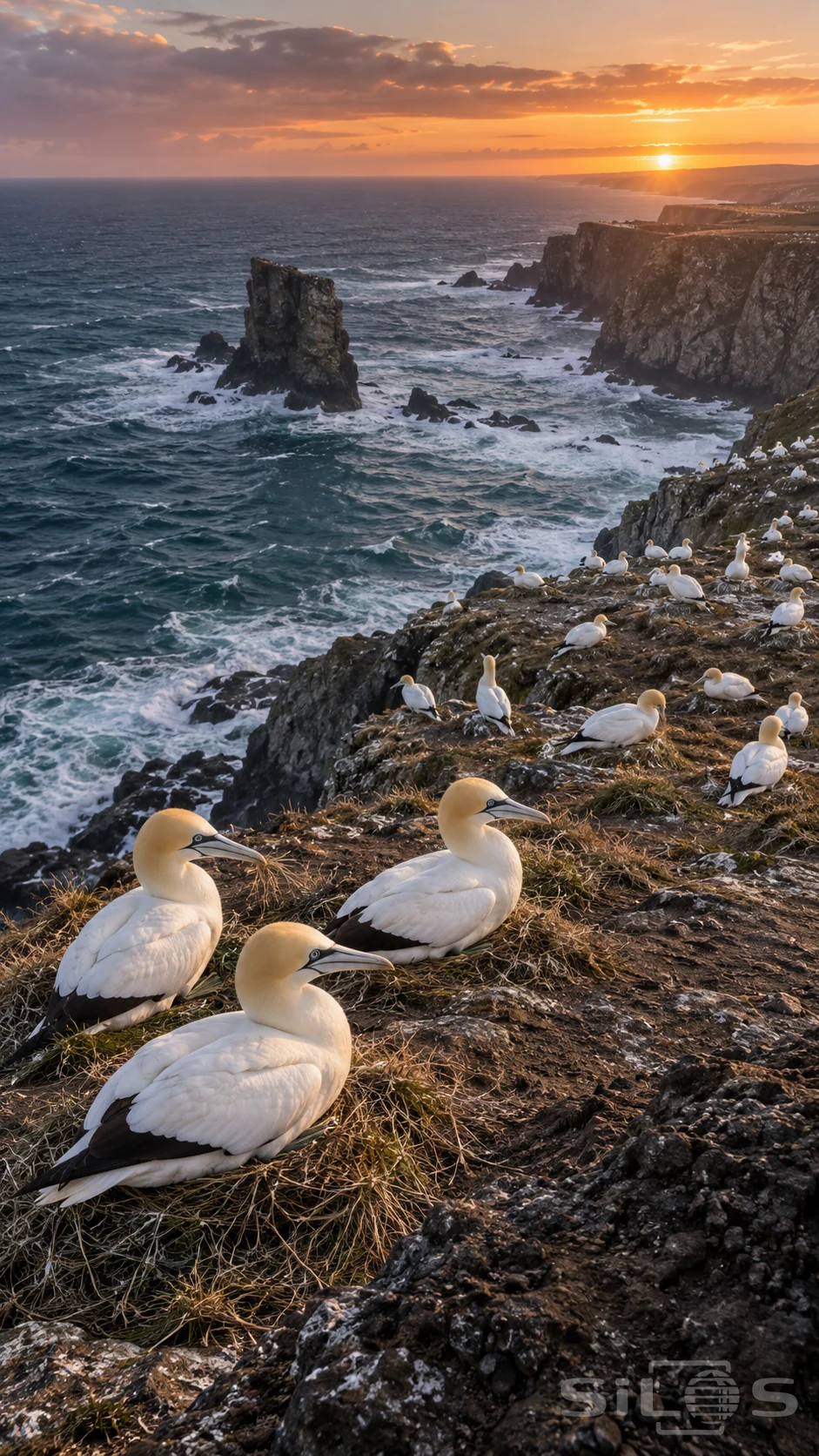 A gannet colony sits in grass-lined nests on a cliff above white surf, with pale gold heads, black wing tips and sunset beyond.