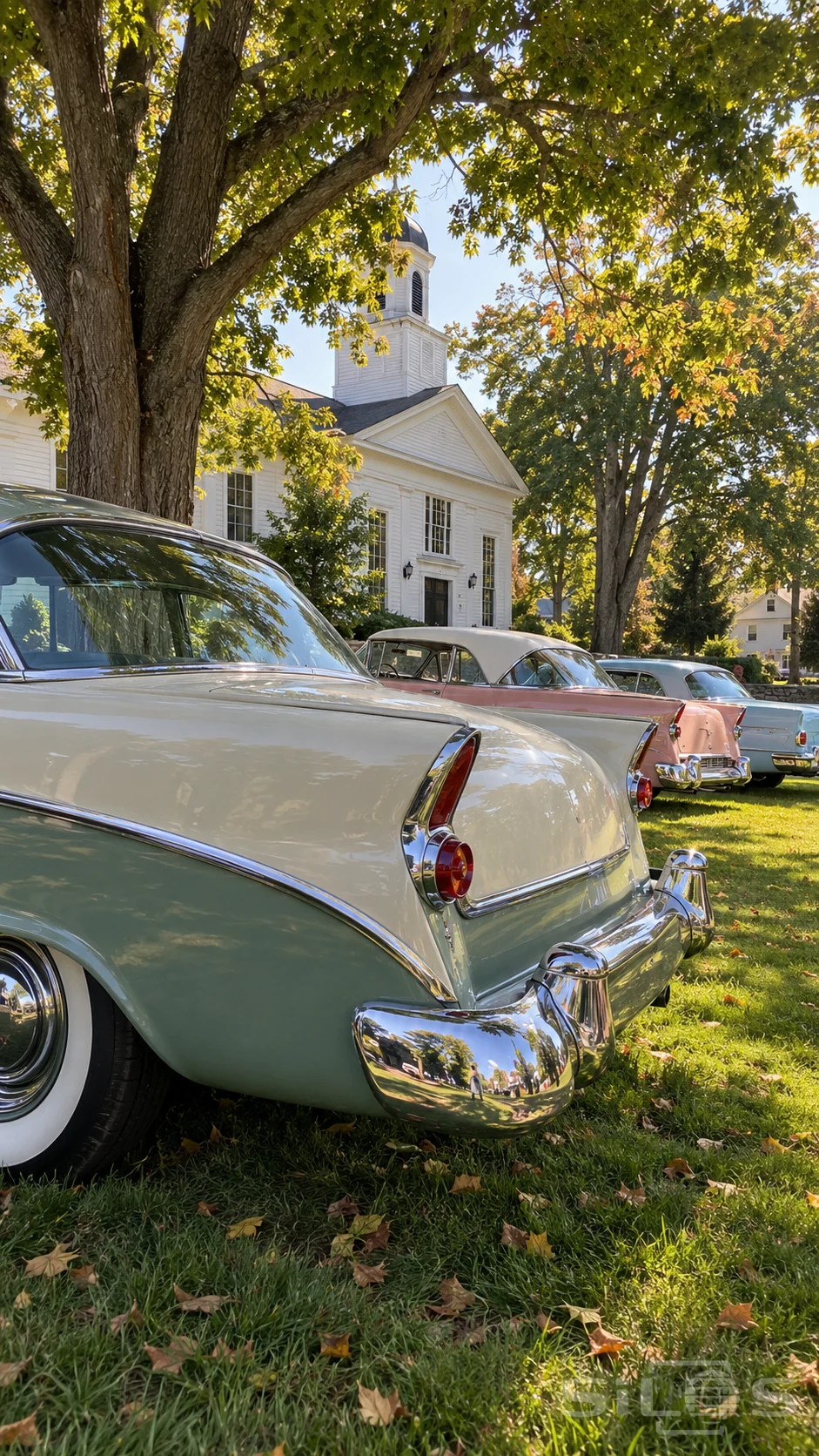 Pastel tailfins and chrome bumpers line a grassy village green beneath trees and a white clapboard building.