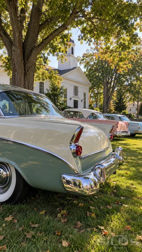 Pastel tailfins and chrome bumpers line a grassy village green beneath trees and a white clapboard building.
