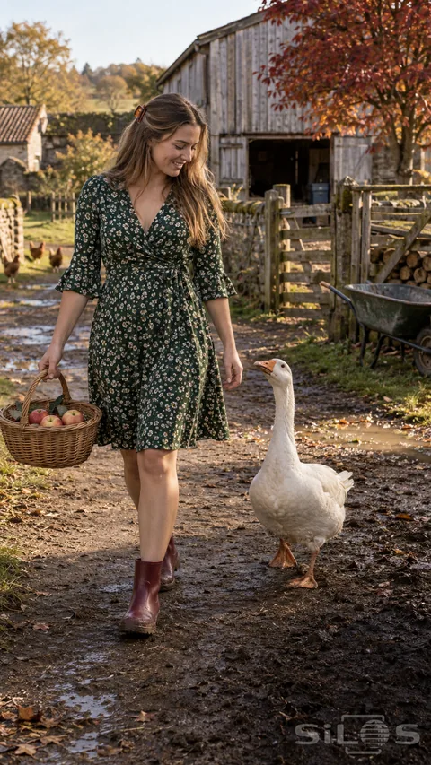 A woman in a green floral dress carries a basket of apples through a farmyard while a white goose follows beside her.