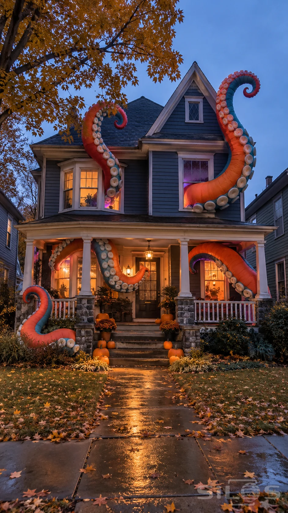 An octopus porch wraps a blue Halloween house in orange and teal fabric tentacles above pumpkins and a wet front path.