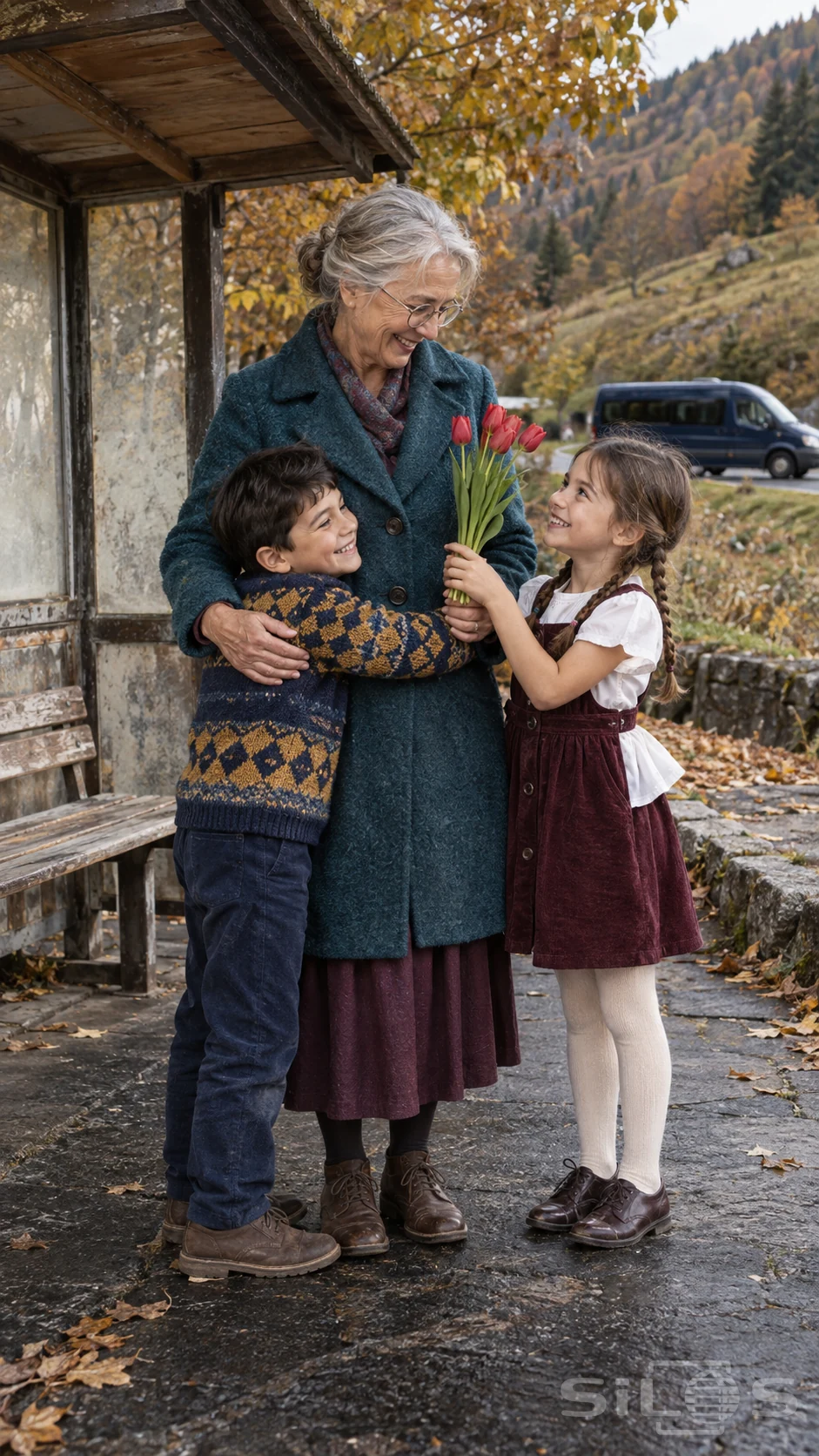 A grandmother's welcome hug with her grandson while her granddaughter offers red tulips beside a rural bus shelter.