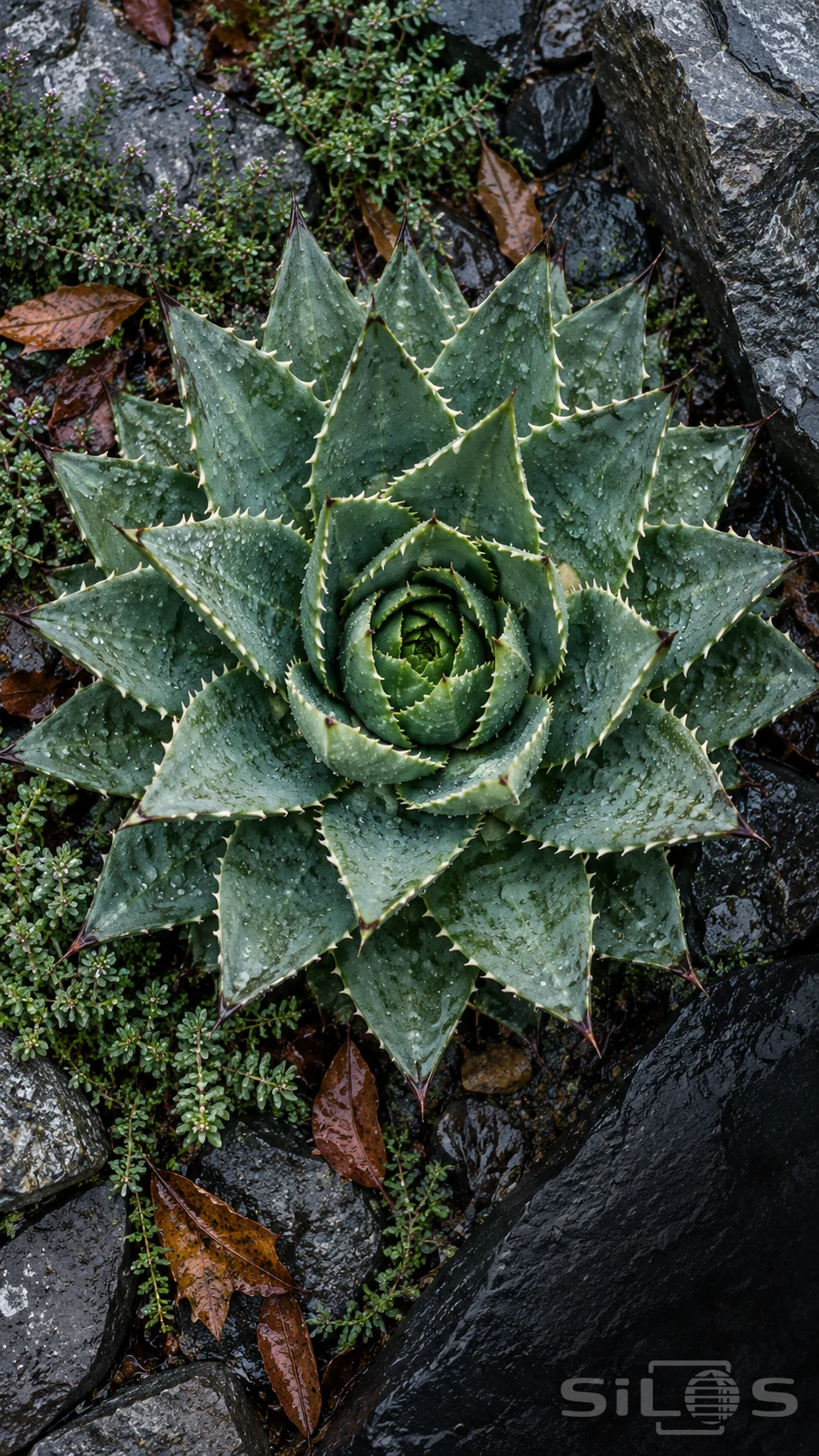 A spiral aloe forms a round rosette of pointed blue-green leaves with pale toothed edges, surrounded by wet slate.