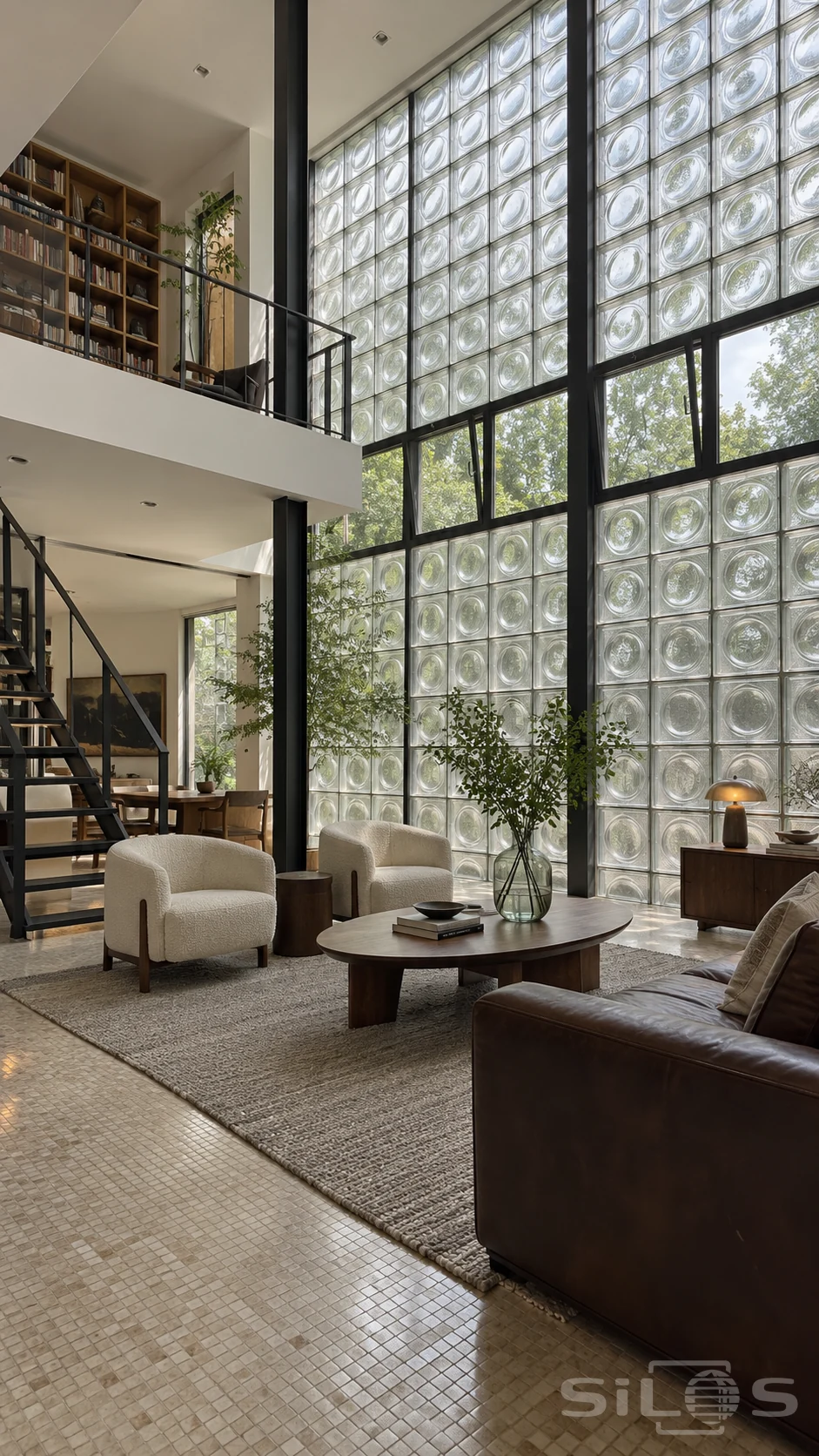 Double-height living room with circular-patterned glass blocks, black steel stair, mezzanine library, cream chairs and a brown leather sofa.