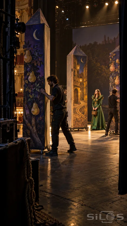 Rotating stage scenery on painted towers; with crew changing an orchard scene into an ochre midnight street.