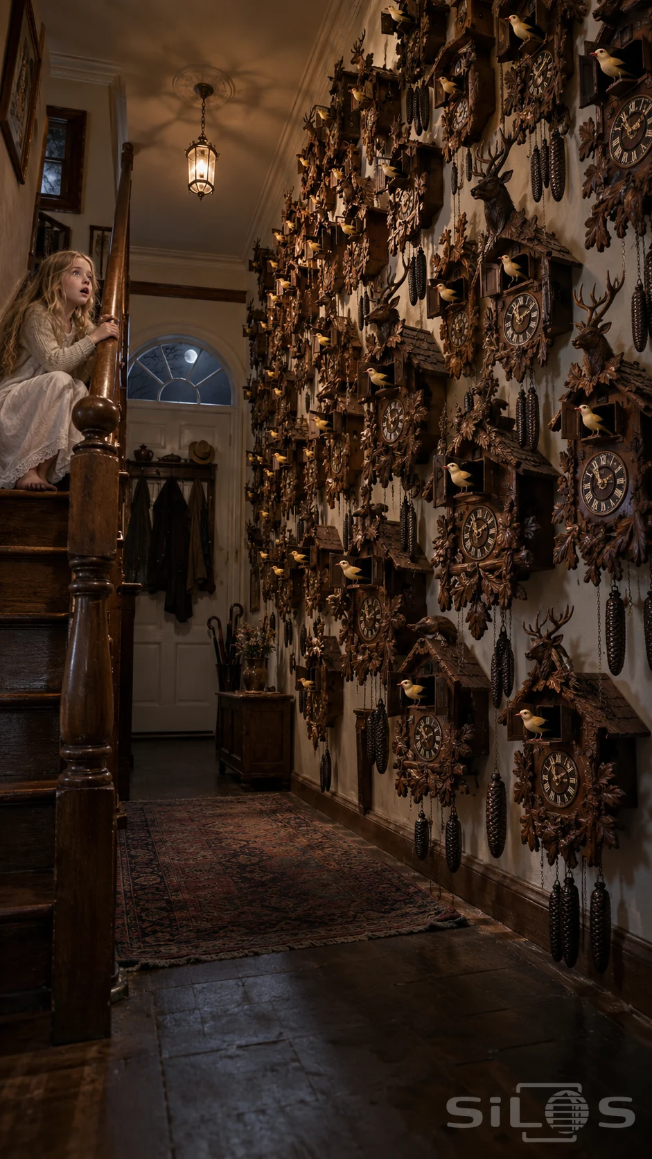 A girl on a wooden staircase watches a whole wall of carved cuckoo clocks with yellow birds extended from their little doors.
