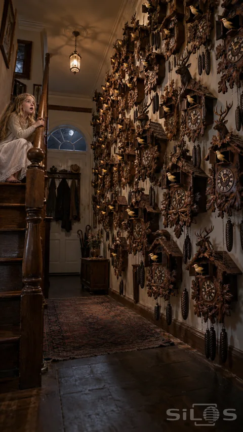 A girl on a wooden staircase watches a whole wall of carved cuckoo clocks with yellow birds extended from their little doors.
