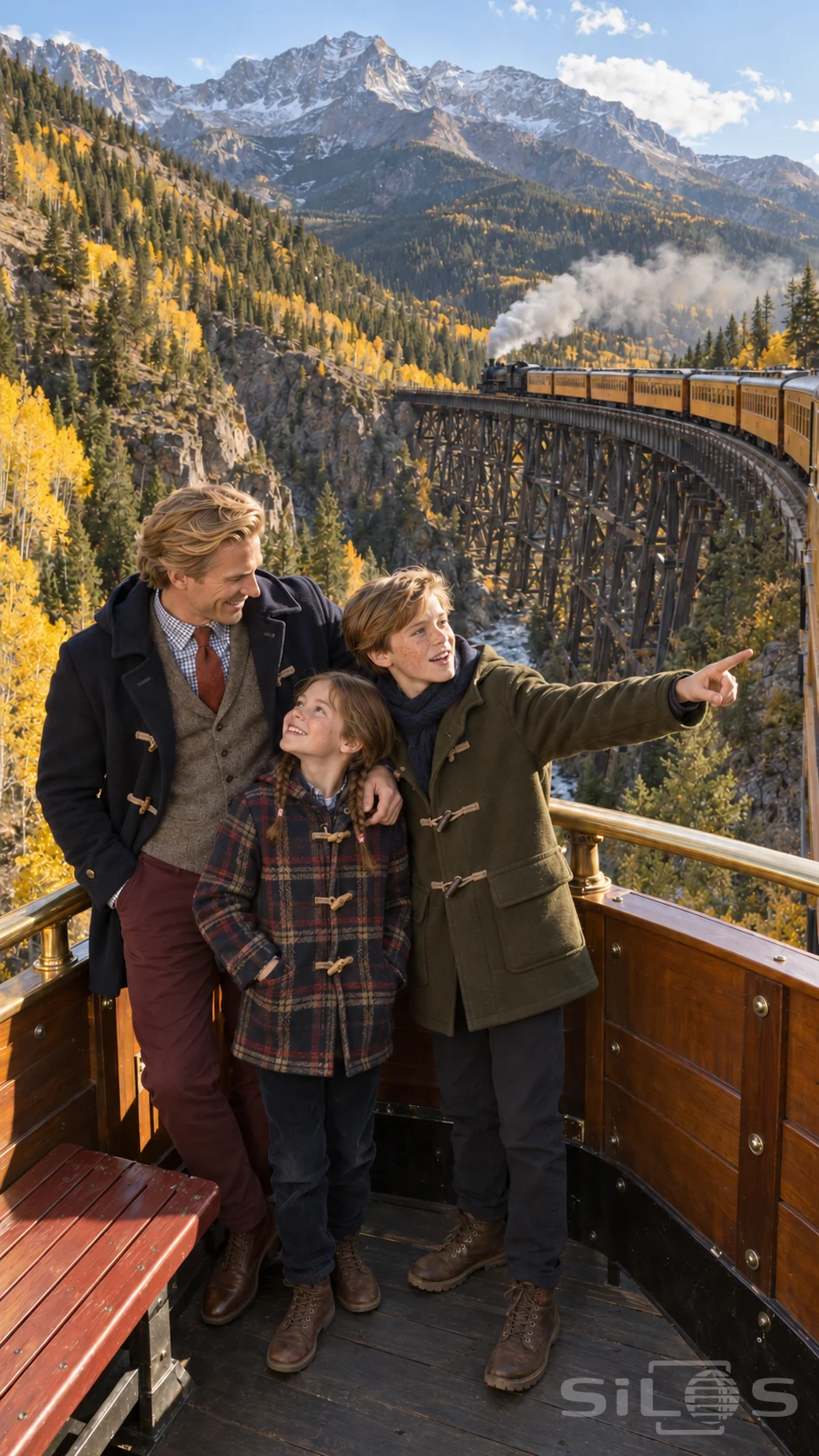 A father smiles at his braided daughter in a tartan coat while her older brother points along a mountain train curve above a timber trestle.