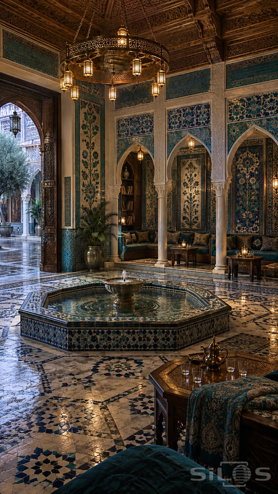 Turquoise fountain salon with botanical tiles, an octagonal basin, carved cedar ceiling and cushioned alcoves.
