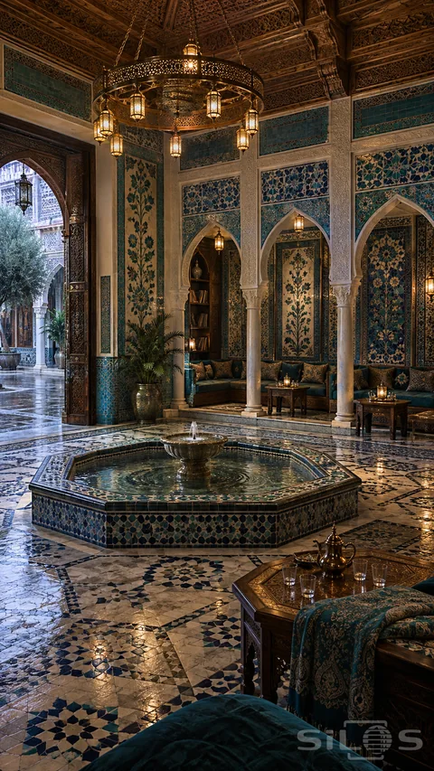 Turquoise fountain salon with botanical tiles; an octagonal basin; carved cedar ceiling and cushioned alcoves.