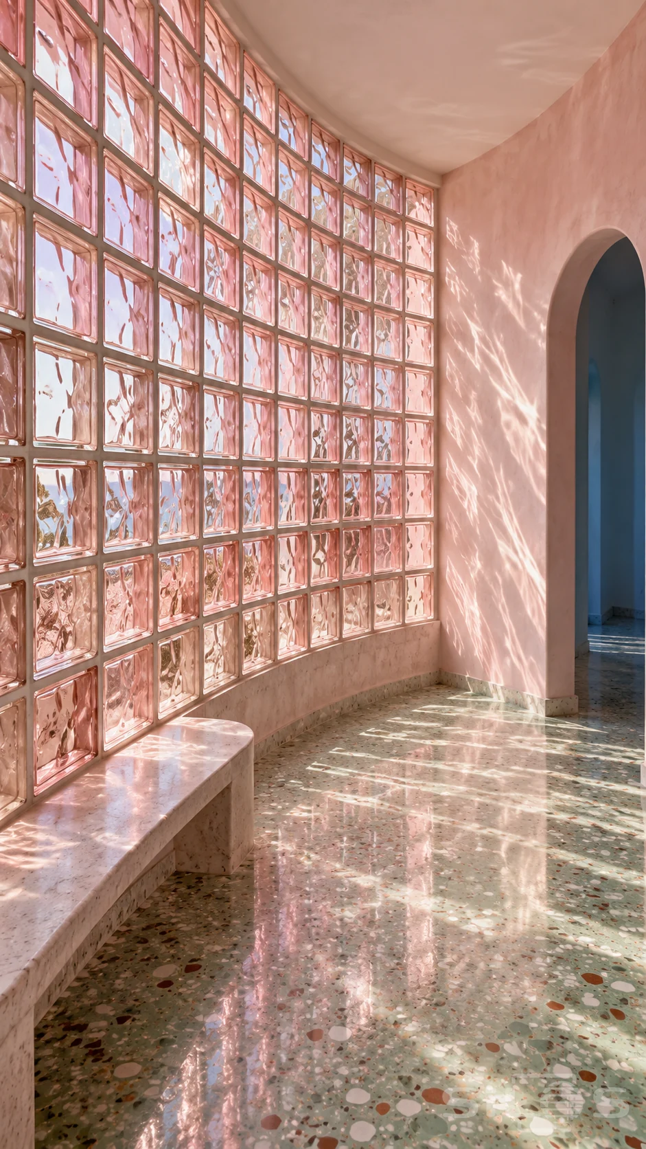 A curved wall of pink glass blocks casts rippled light over a terrazzo floor beside a pale bench and blue arched doorway.