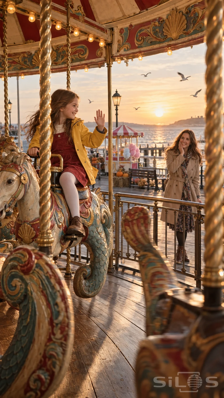 A fully dressed girl waves from a sea-horse carousel while a trench-coated woman watches beside the golden sea.
