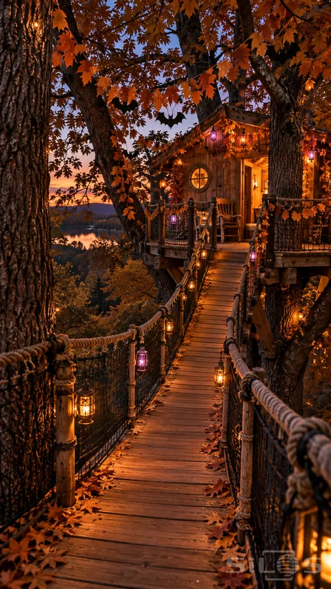 Halloween treehouse bridge with paper bats; autumn garlands and purple and amber lanterns above a wooded lake.