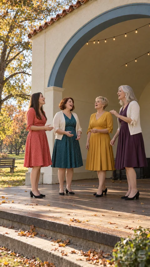 Four women in vintage swing dresses sing as a barbershop quartet beneath a sunlit park bandshell arch.
