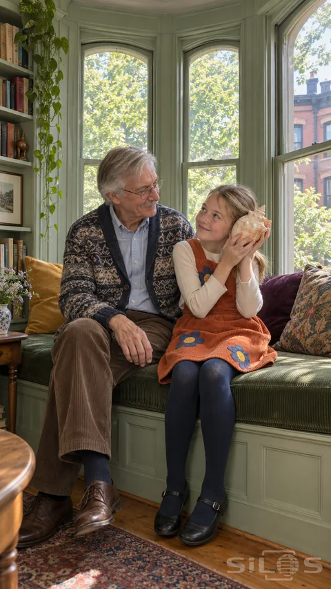 A girl shares conch shell listening with her grandfather on a green window seat while holding the pale shell beside her ear.