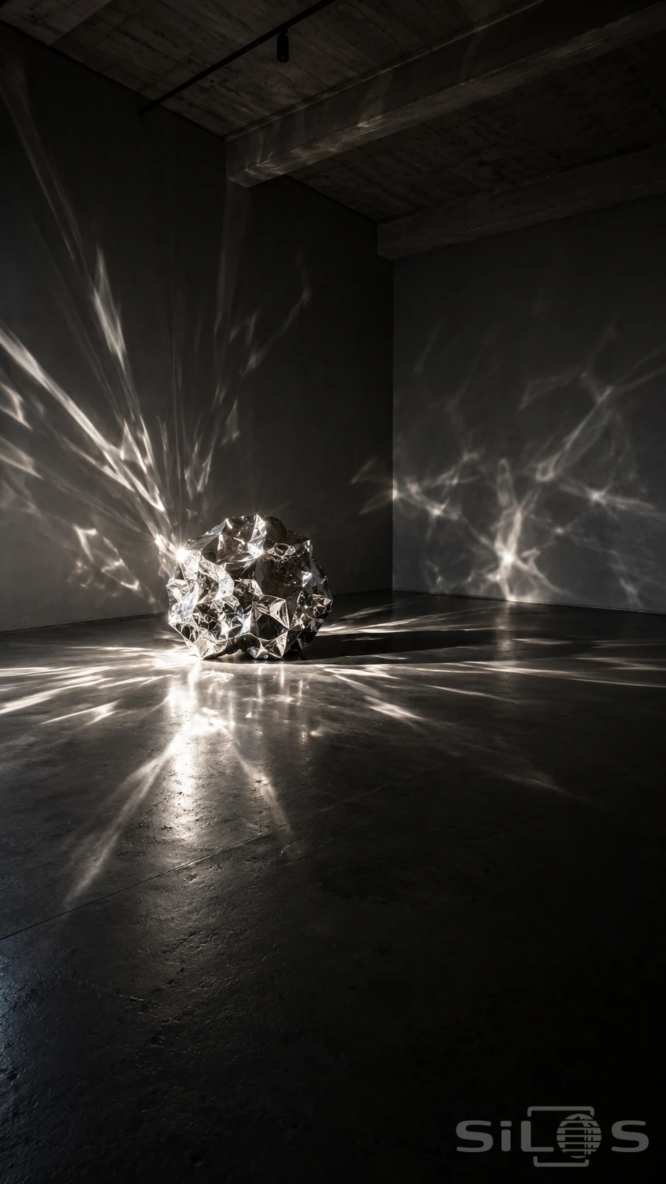 A crumpled reflective metal form casts long white light patterns across the floor and walls of a dark gallery.